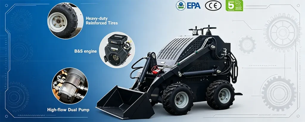 Black mini skid steer loader with bucket, featuring reinforced tires, B&S engine, dual pump and EPA/CE/Euro 5 certifications