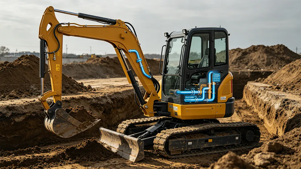 Compact yellow excavator at construction site, with blue visualized hydraulic system showing fluid flow paths