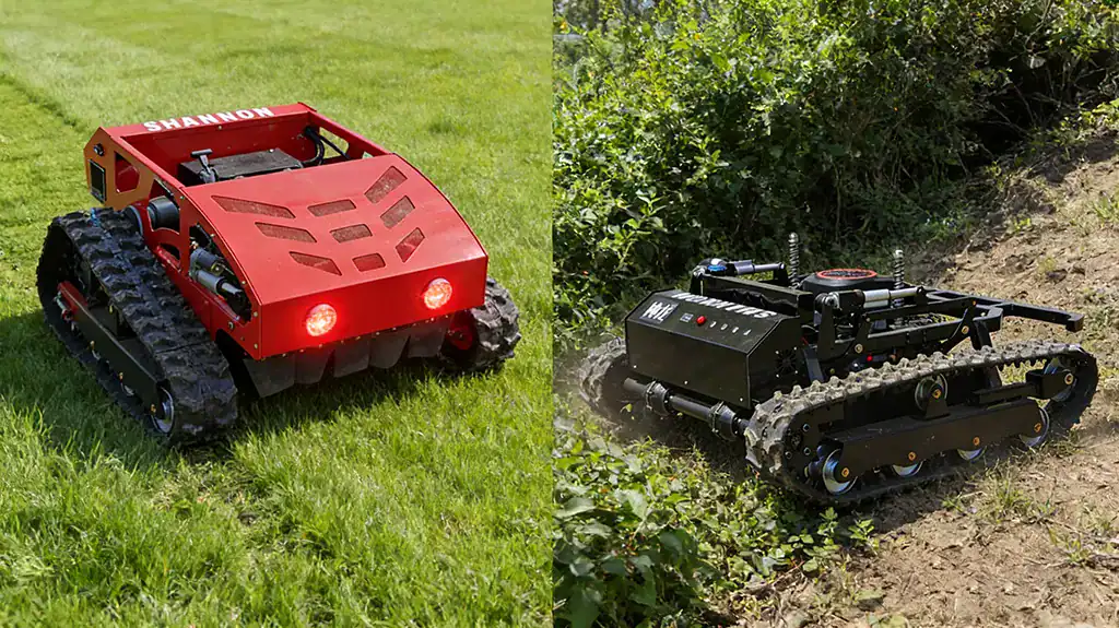 Split-screen view of two SHANNON/Shenlong remote-controlled tracked lawn mowers: red model mowing flat grass, black model clearing sloped brush.