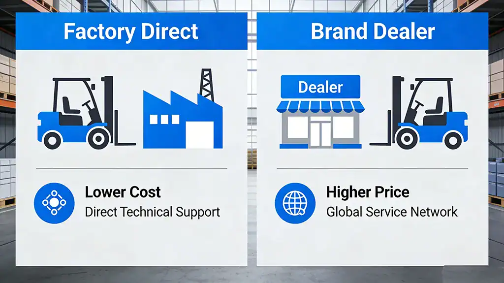 Infographic comparing Factory Direct vs Brand Dealer forklift purchase models, highlighting cost, support and service differences.