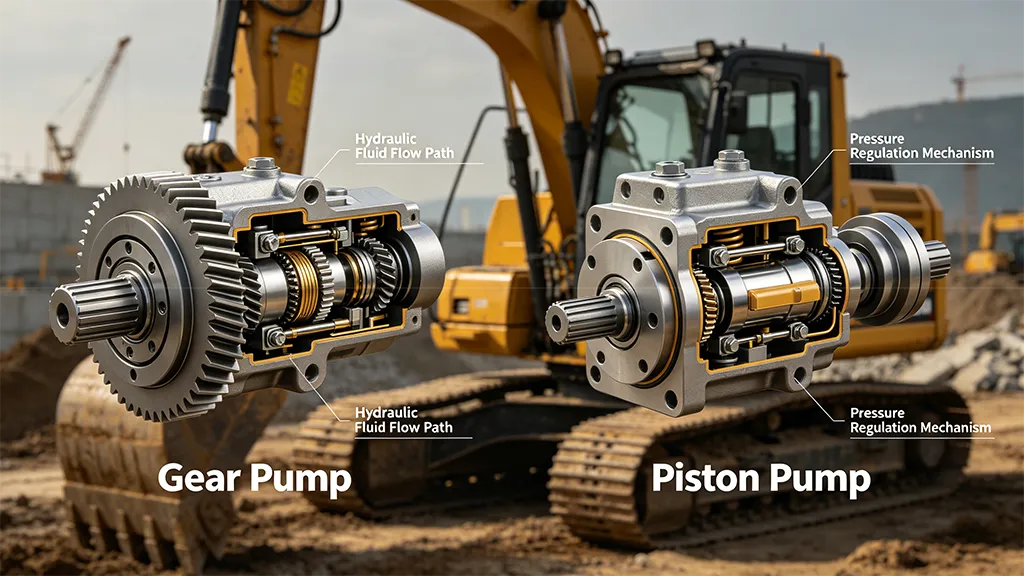 Cross-section comparison of gear pump and piston pump for construction machinery, showing fluid flow paths and pressure regulation mechanisms