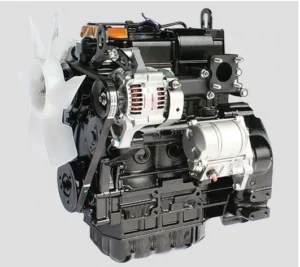 Close-up of mini excavator diesel engine with cooling fan, alternator and starter motor