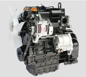 Close-up of mini excavator's diesel engine with cooling fan, alternator and starter motor