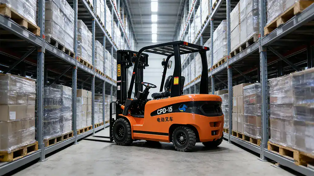 Orange CPD-15 electric forklift operating in a narrow warehouse aisle between high pallet racking.