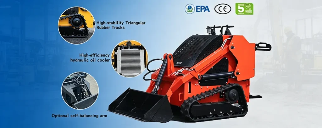 Orange walk-behind tracked skid steer loader with bucket, featuring triangular tracks, hydraulic cooler, self-balancing arm and EPA/CE/Euro 5 certifications