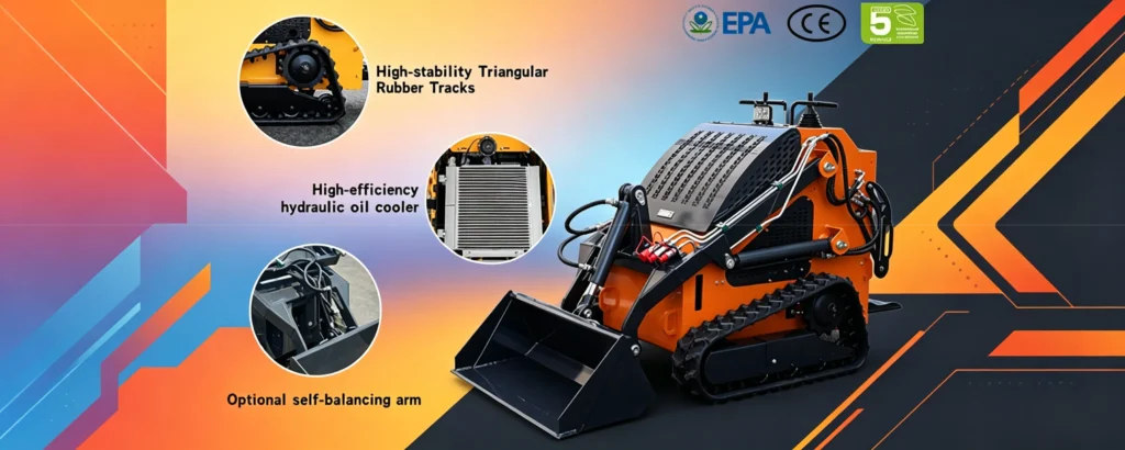 Orange walk-behind tracked skid steer loader with bucket, featuring triangular tracks, hydraulic cooler, self-balancing arm and EPA/CE/Euro 5 certifications