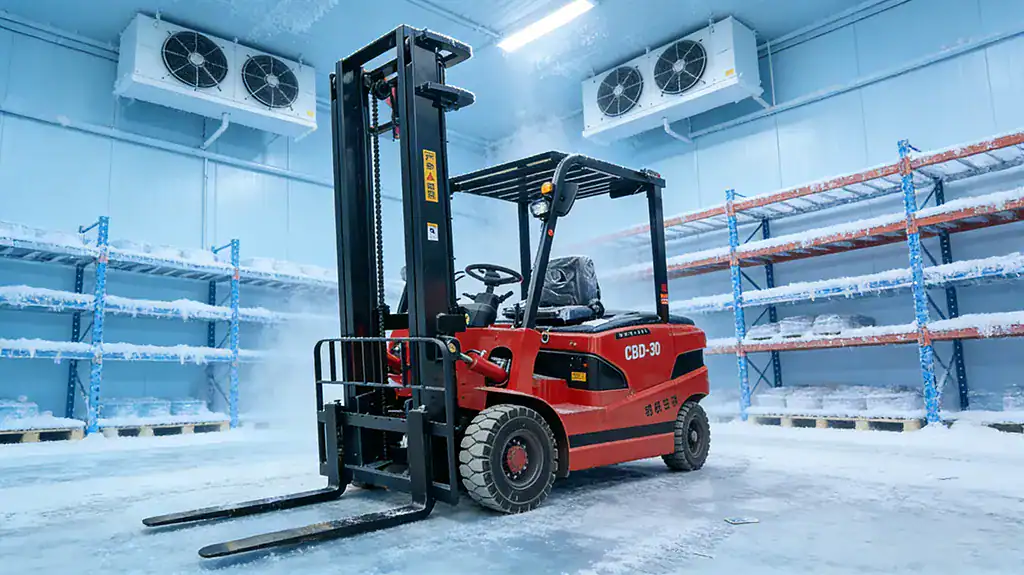 Red CBD-30 electric forklift operating in a frozen cold storage warehouse with frosted racking and cooling units.