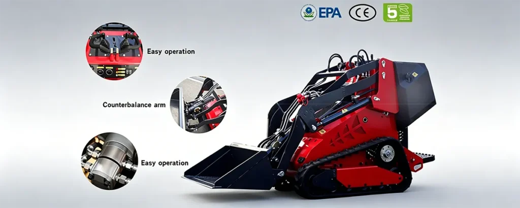 Red compact tracked skid steer loader with bucket, featuring easy controls, counterbalance arm, hydraulic components and EPA/CE/Euro 5 certifications