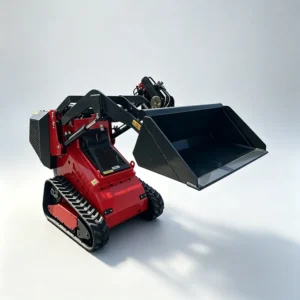 Side-front view of red compact tracked skid steer loader with raised bucket and rugged rubber tracks
