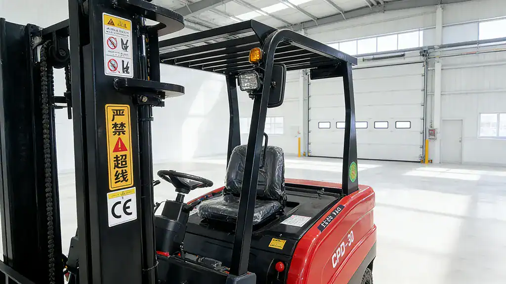 Close-up view of a red CPD-30 electric forklift's operator cabin, safety warning labels and CE certification visible, in a modern factory.