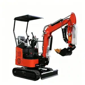 Side front view of a red mini crawler excavator with canopy, dozer blade and bucket, on a plain white background.