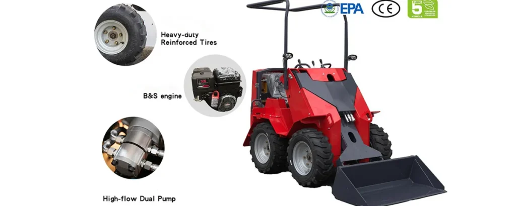 Red mini skid steer loader with bucket, highlighting heavy-duty tires, B&S engine, dual pump and EPA/CE/Euro 5 certifications
