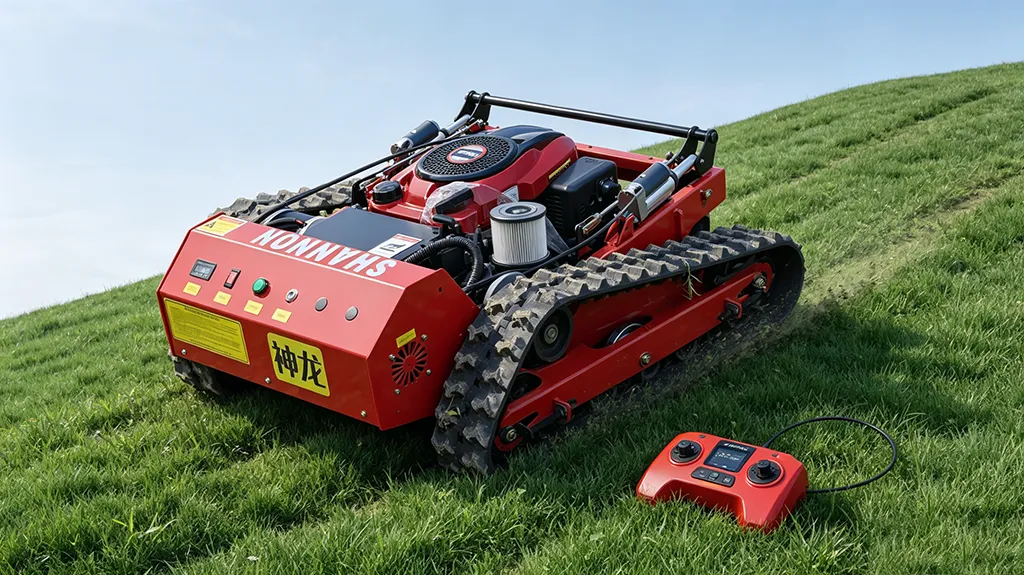 Red remote-controlled slope mower with tracked undercarriage operating on a grassy hillside
