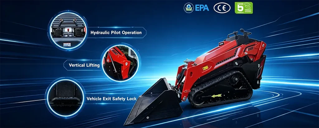 Red ride-on tracked skid steer loader with bucket, featuring hydraulic pilot controls, vertical lifting, safety lock and EPA/CE/Euro 5 certifications