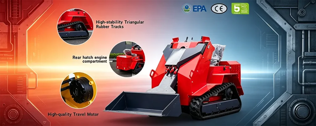 Red ride-on tracked skid steer loader with bucket, featuring triangular tracks, rear hatch engine compartment, travel motor and EPA/CE/Euro 5 certifications