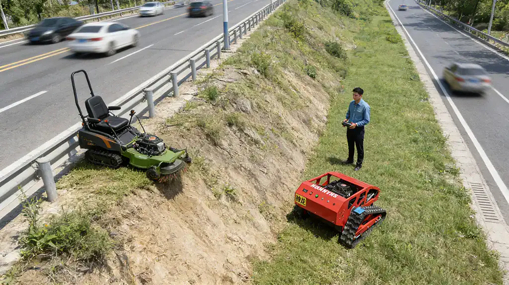 Red SHANNON remote-controlled tracked mower and ride-on slope mower performing vegetation maintenance on a steep highway embankment, with an operator controlling remotely.