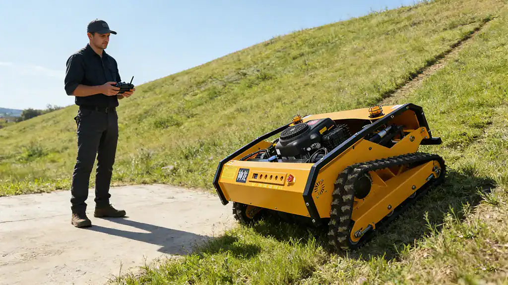 Yellow Shenlong remote-controlled tracked lawn mower operating on a steep slope, with an operator controlling it via remote.