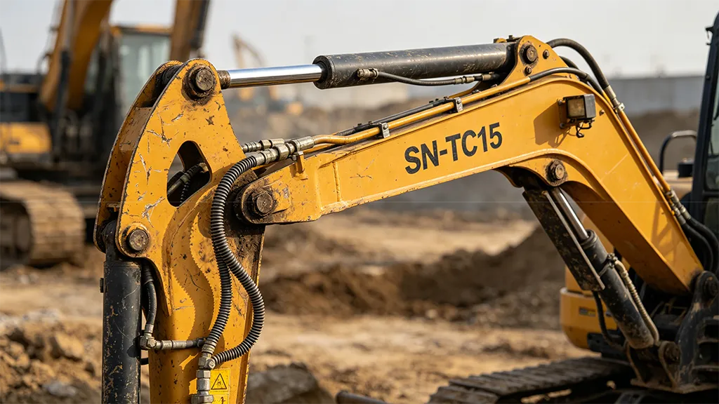 Close-up view of SN-TC15 mini excavator boom, showing hydraulic cylinders, hoses and heavy-duty construction