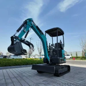 Side-front view of teal 1-ton mini excavator with open roof canopy, bucket and dozer blade