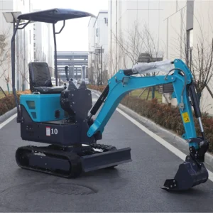 Side-front view of teal 1-ton mini excavator with open roof canopy, bucket and dozer blade