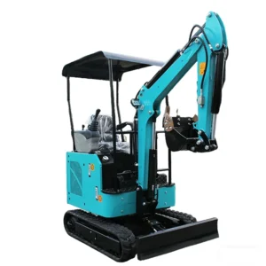 Side view of turquoise mini crawler excavator with canopy, bucket and dozer blade on clean white background