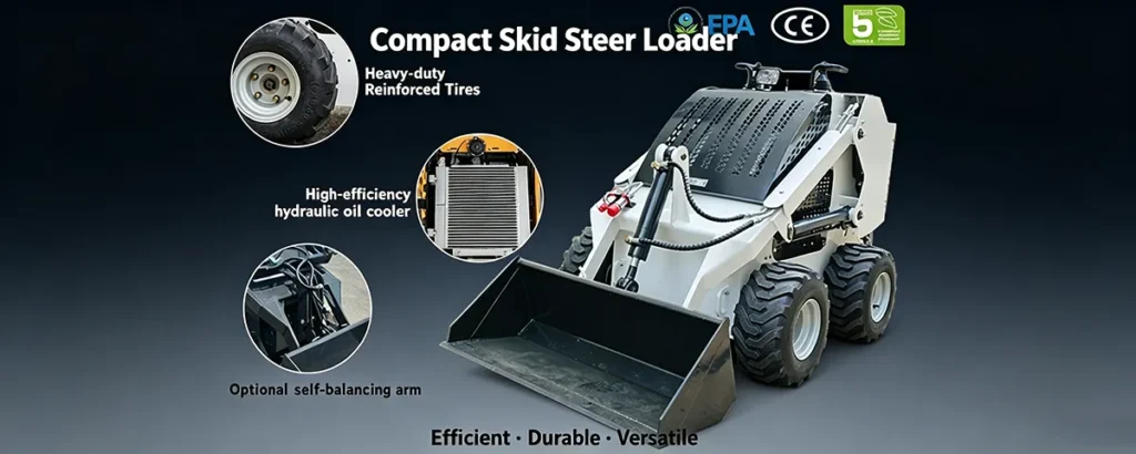 White compact skid steer loader with bucket, showing reinforced tires, hydraulic cooler, self-balancing arm and EPA/CE/Euro 5 certifications