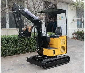 Full side view of yellow-black mini excavator with open canopy, bucket and tracks