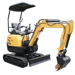 Yellow mini crawler excavator with canopy, bucket and dozer blade shown in side view on clean white background