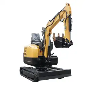 Yellow mini crawler excavator with bucket and dozer blade shown in side front view on clean white background
