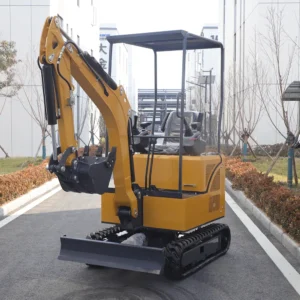 Side-front view of yellow mini excavator with open canopy, bucket and front dozer blade