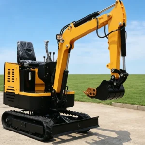 Side front view of yellow mini excavator with open canopy, ergonomic controls and heavy-duty tracks