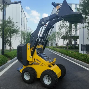 Side-front view of yellow mini skid steer loader with raised bucket and rugged tires