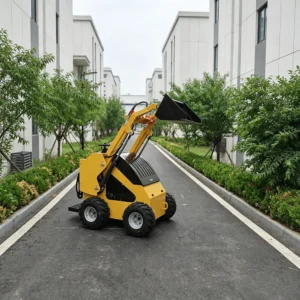 Side view of yellow mini skid steer loader with raised bucket and rugged tires
