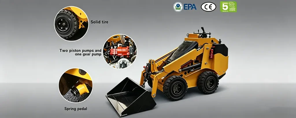 Yellow mini skid steer loader with bucket, featuring solid tires, multi-pump system, spring pedal and EPA/CE/Euro 5 certifications