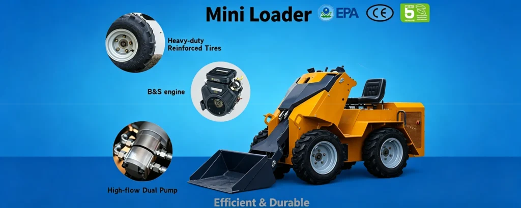 Yellow ride-on mini loader with bucket, featuring reinforced tires, B&S engine, dual pump and EPA/CE/Euro 5 certifications