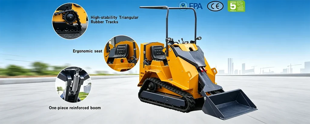 Yellow ride-on tracked skid steer loader with bucket, featuring triangular tracks, ergonomic seat, reinforced boom and EPA/CE/Euro 5 certifications