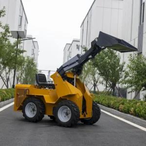 Side-rear view of yellow rider skid steer loader with raised bucket, operator seat and rugged tires