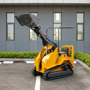 Side-front view of yellow ride-on tracked mini skid steer loader with raised bucket and operator seat