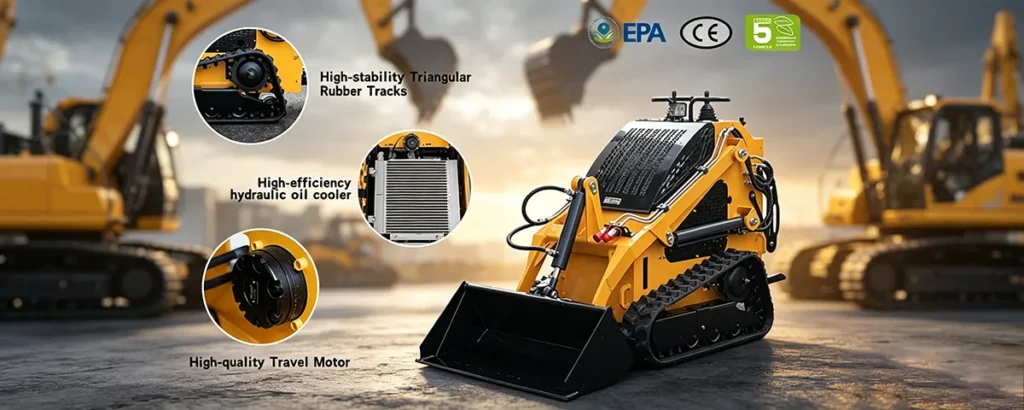 Yellow tracked mini skid steer loader with bucket, featuring triangular tracks, hydraulic cooler, travel motor and EPA/CE/Euro 5 certifications