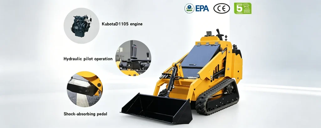Yellow tracked skid steer loader with Kubota engine, hydraulic pilot controls, shock-absorbing pedal and EPA/CE/Euro 5 certifications