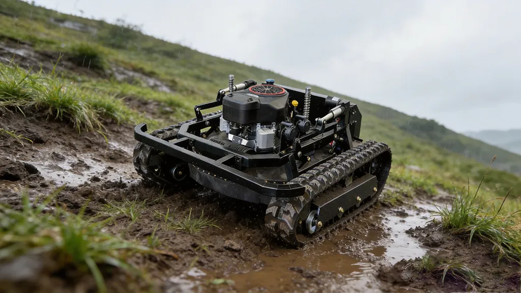 Black remote-controlled tracked mower navigating a muddy, rain-soaked slope, showcasing powerful engine and heavy-duty tracks