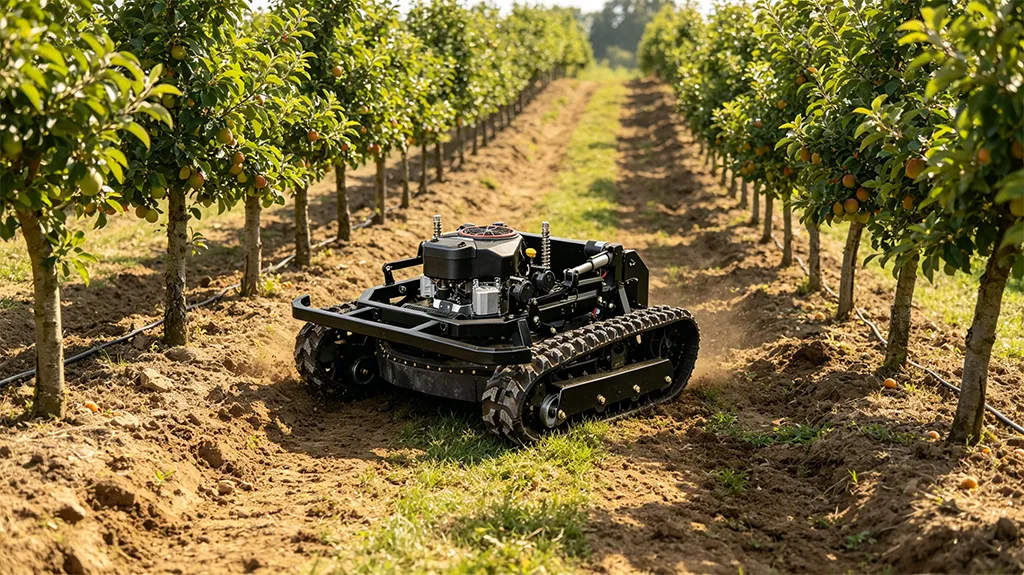 Black remote-controlled tracked mower operating between rows of fruit trees in an orchard, clearing grass and weeds