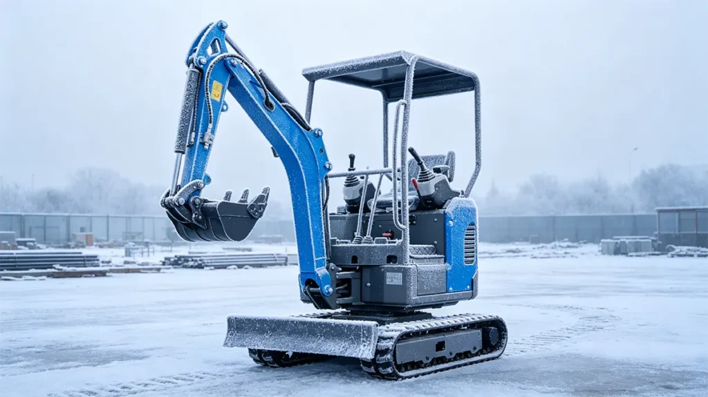 Blue compact mini excavator with canopy covered in frost, operating in a snowy construction site, showcasing cold weather performance