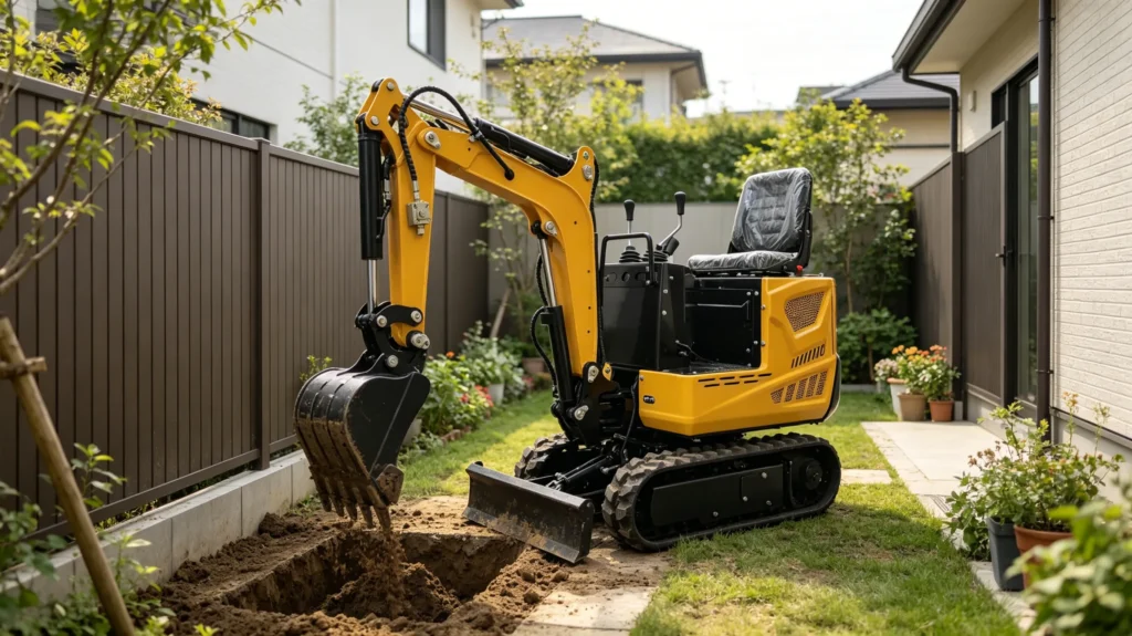 Compact yellow mini excavator without canopy digging a trench in a residential backyard, ideal for landscaping and small construction tasks