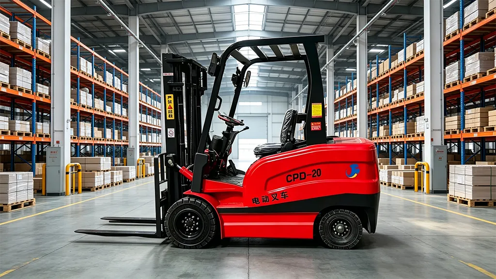 CPD-20 2-ton red electric forklift parked in a modern warehouse, showing its compact design and high-lift mast