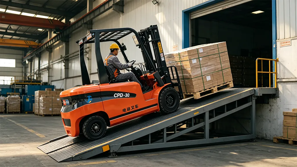 CPD-30 electric forklift loading a pallet of boxes onto a dock ramp in a warehouse, showcasing ramp handling capability