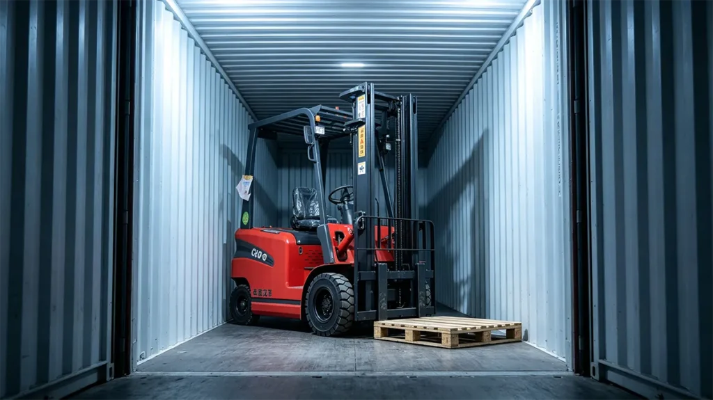 Red electric forklift inside a shipping container with a wooden pallet, showcasing compact size and container loading capability