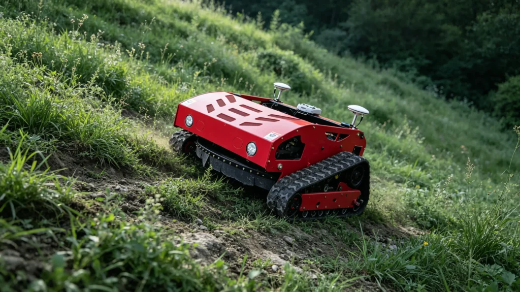 Red remote-controlled crawler lawn mower with GPS antennas operating on a steep, uneven grassy slope