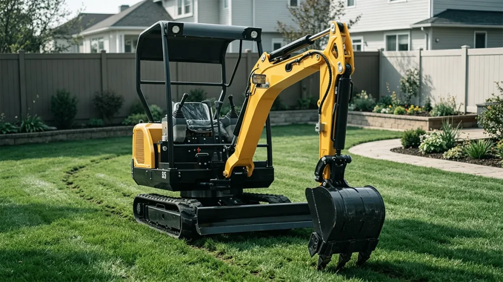 Yellow 1.5-ton mini excavator with canopy working on a residential backyard lawn, ideal for landscaping and small construction projects