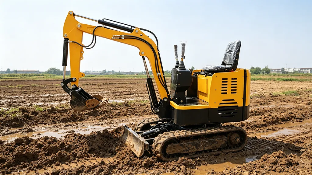 Compact yellow mini excavator with rubber tracks operating in a muddy construction field, showing digging capability